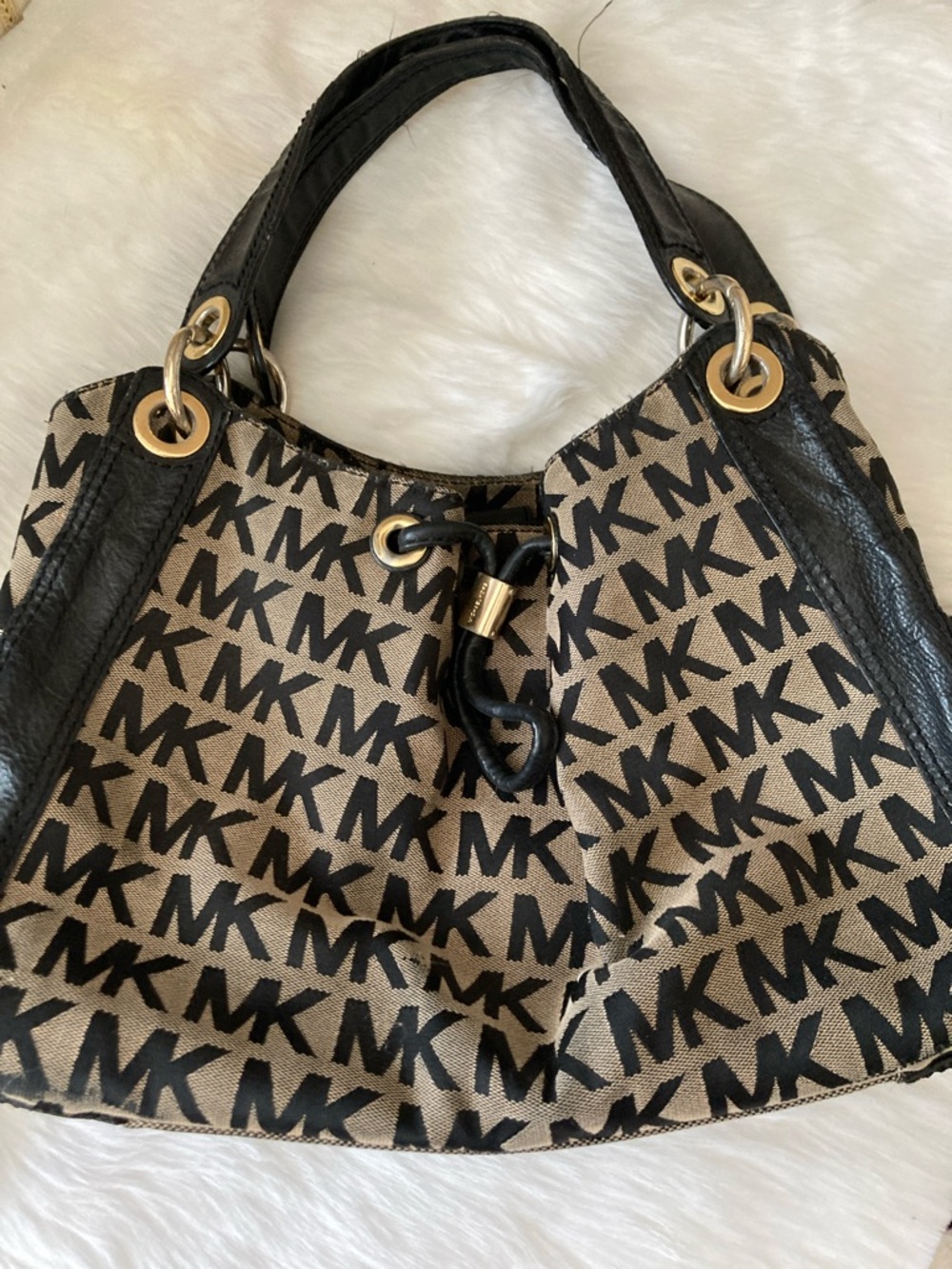 Michael Kors Black and Beige MK Logo Shoulder Bag